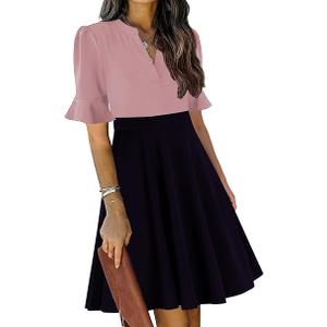 Mokayee Womens Summer V Neck Ruffle Short Sleeve Fit and Flare Knee Length Church Wedding Guest Dresses with Pockets, Size M