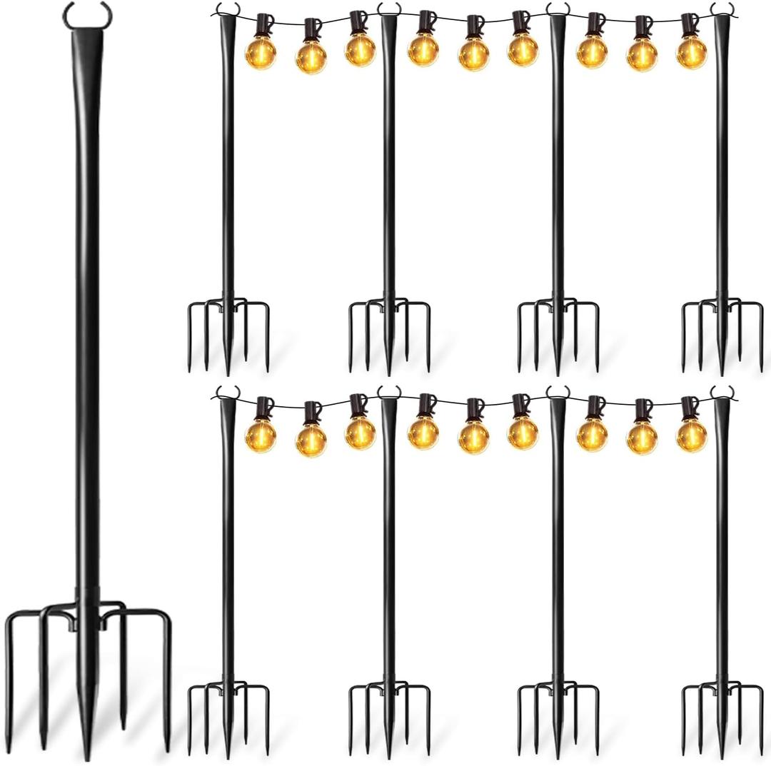 8 Pack String Light Poles for Outside, Upgraded Heavy-Duty Metal Poles for Outdoor String Lights with Fork, Adjustable Lighting Hanging Accessories for Patio Decor Pergola Backyard Garden Decorations