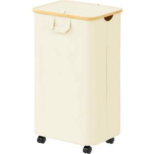 SpaceAid Laundry Hamper with Wheels and Lid, 26 Gal (100L) Rolling Clothes Basket with Bamboo Handle, Large Laundry Hamper for Bedroom, Bathroom, Dorm, Laundry Room - Beige (100L with Wheels)
