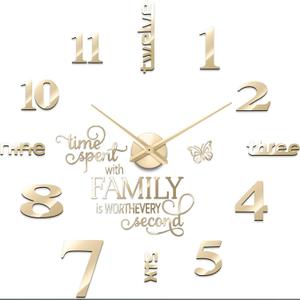 Junkin 3D Large Frameless DIY Wall Clock Modern Decor Family Quote Wall Stickers Clock Kit for Home Living Room Bedroom Office Decorations Adjustable Size(Gold)