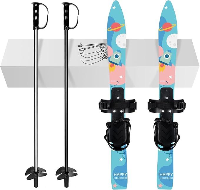 Odoland Kid's Beginner Snow Skis and Poles with Bindings, Low-Resistant Ski Boards for Age 4 and Under, Lightweight Sturdy and Safe Kids Skiing Equipment (Light Blue)
