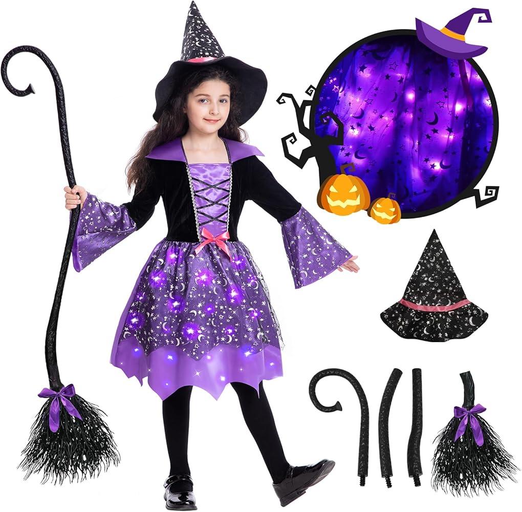 Poshetion Glow in the Dark Witch Costume for Girls  Toddler Halloween DressUp with Broom, Hat & Glowing Effect (810 M),Purple