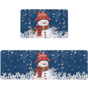 2 Piece Non-Slip Kitchen Mat Runner Rug Set Doormat Christmas Snowman with Cap Xmas Tree Snowflake Navy Blue Door Mats Rubber Backing Carpet Indoor Floor Mat (19.7" x 31.5"+19.7" x 63")