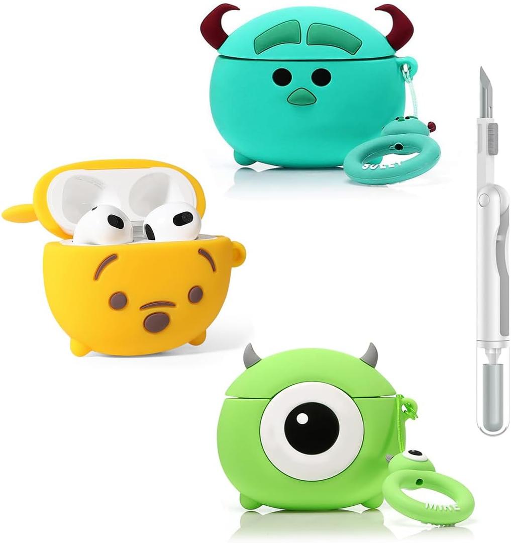 (3Pack+Cleaner Pen) XMBYGY Case for AirPods 3rd Generation Earbuds with Cleaning Pen Kit, Cute Cartoon Skin Design Silicone Charging Case Protective Covers for AirPods 3