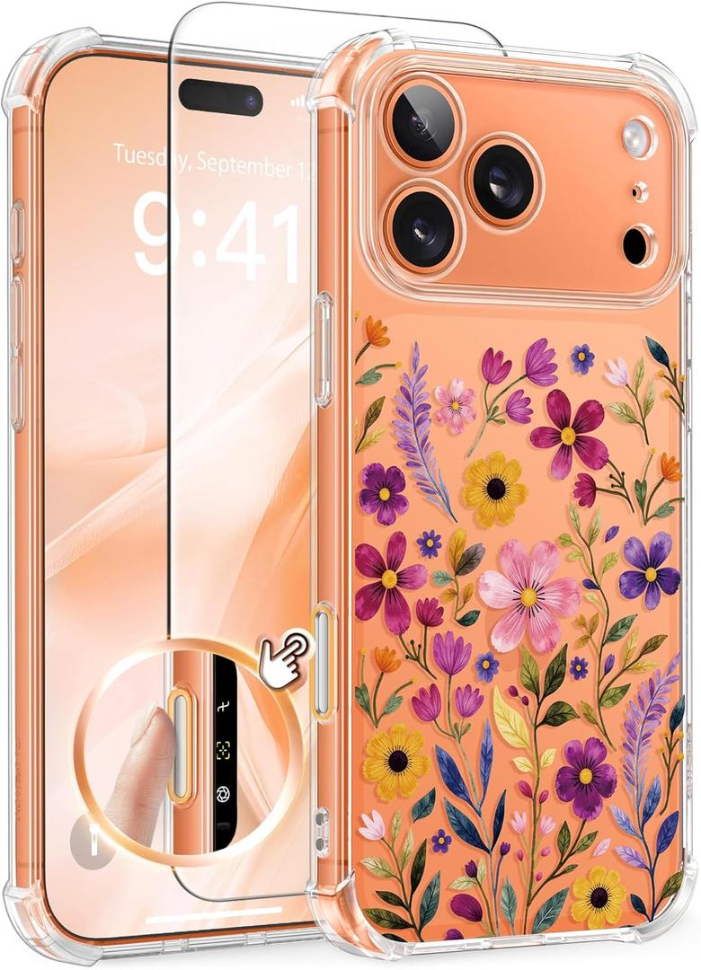 GVIEWIN for iPhone 17 Pro Case with Screen Protector, Upgraded [Full Camera Protection] [Non Yellowing] Floral Slim Shockproof Clear Women Phone Cover for iPhone 17 Pro 6.3" (Wild Bloom/Colorful)