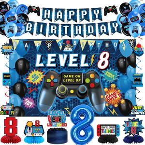 Vlipoeasn Video Game 8th Birthday Decorations for Boys, Blue Level 8 Banner Backdrop Honeycomb Centerpieces Hanging Swirls for 8th Birthday Party, Gamer 8 Years Old Party Supplies