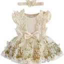 Douhoow Baby Girl Dress Romper Baby Romper Dress Flowers Embroidery Tulle Skirt Infant Girl Summer Clothes with Headband 0-3 Months