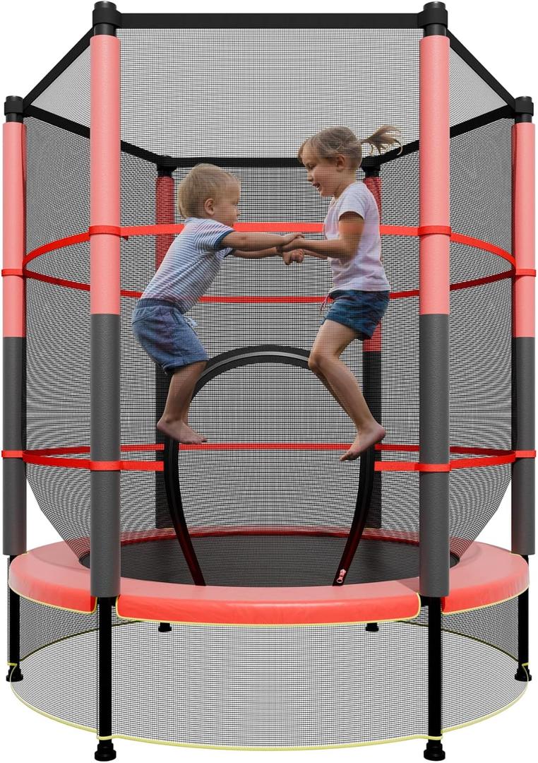 55IN Trampoline for Kids - Indoor/Outdoor Play with Enclosure Net - Easy to Assemble Recreational Trampoline - Red (Black/Red)
