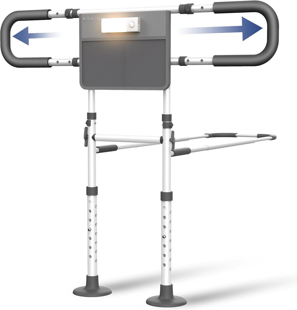 Agrish Bed Rails for Elderly Adults Safety - with Motion Light & Storage Pouch - Bed Assist Rails for Seniors, Surgery Patients & Handicap with Support Legs, Fit King Queen Full Twin Bed (Medium)