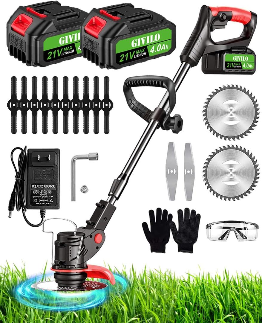 Electric Weed Wacker Cordless, 21V Weed Cordless Eater Battery Powered, Stringless Brush Cutter with 2 4.0Ah Batteries, Weed Wacker Battery Operated