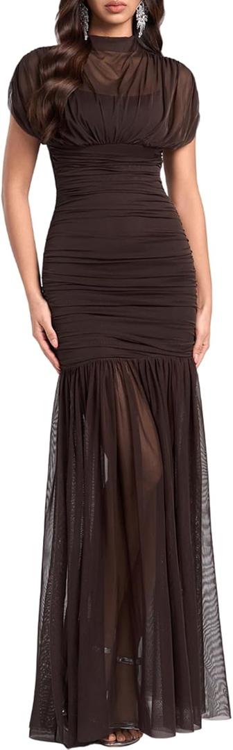 DOUMIFLY Women's Elegant Formal Long Dress Sleeveless Ruched Bodycon Evening Dress (Brown, S)
