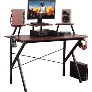 DlandHome Gaming Desk 47 inches Studio Desk w/Adjustable Display Speaker Stand and Headphone Gamepad Holder Multifunction Computer Desk/Gaming Table, Walnut YX001-WB 