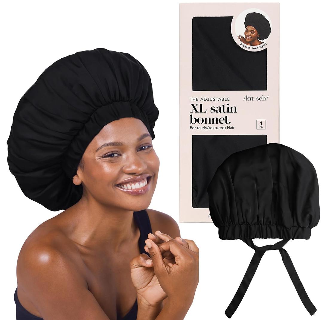 Kitsch XL Satin Bonnet for Sleeping - Softer Than Silk Hair Bonnet for Women - Secure Fit, Adjustable Night Cap for Curly & Textured Hair - Prevents Breakage, Tangles & Thinning - Black