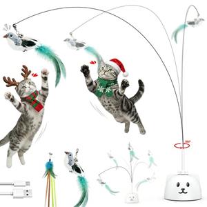 Interactive Cat Toys for Indoor Cats: Upgraded 360° Automatic Spin Flying Bird Feather Wand with Silicone Protected Rod Safe Play, Strong 8cm Suction Cup, USB-Rechargeable for Bored Kittens and Adult