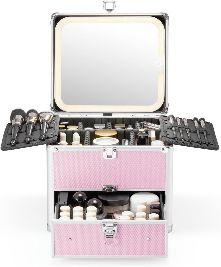 Qislee Makeup Box with Drawer and A Detachable Lighted Mirror, Waterproof Travel Train Case, Cosmetic Organizer and Makeup Suitcase with Adjustable Dividers, Magnetic LED Mirror (ICY Pink)