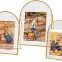 Set of 3 Gold Floating Picture Frame, 4x6, 5x7, 6x8 Arched Glass Floating Frames, Vintage Brass Gold Picture Frame for Artwork Photos Tabletop Display