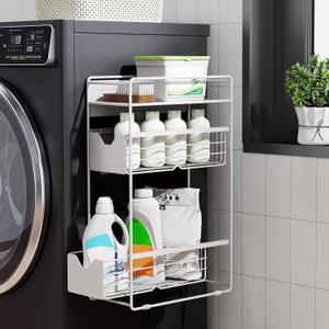CABTE 3 Tier Magnetic Shelves for Washing Machine with Pull Out Metal Drawer,Magnetic Spice Rack for Fridge,Magnetic Rack with no Installation, Versatile Storage Organizers for Home (White, 3 Tier)