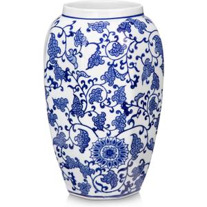 Blue and White Vase 8.5 Inch Traditional Chinoiserie Floral Vase Porcelain Ginger Jar Octagonal Vases Blue and White Porcelain Decor for Home, Living Room, Kitchen, Mantel, Shelf, Table