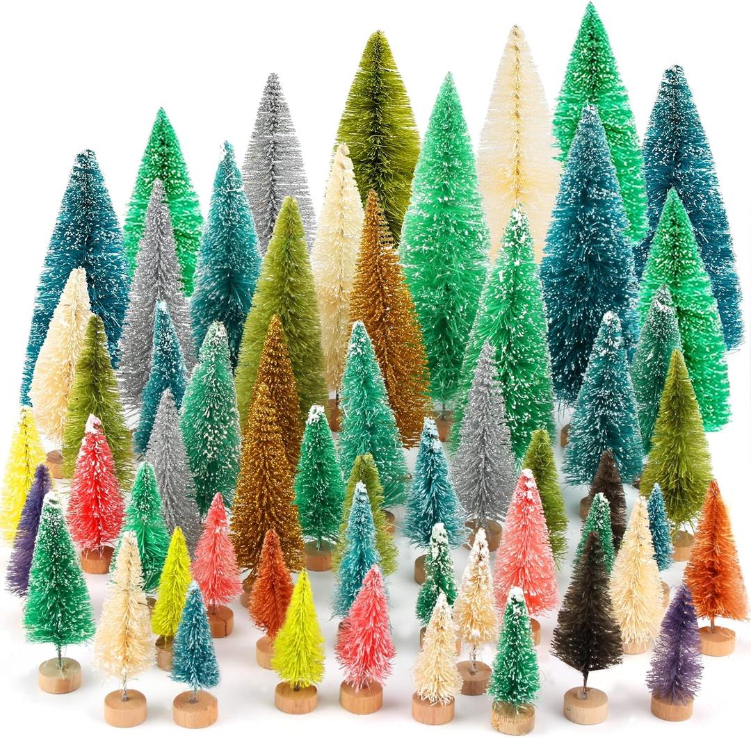 ONESING 50 Pcs Mini Xmas Tree, Bottle Brush Trees with Wooden Base Artificial Small Christmas Pine Tree 5 Sizes Tiny Pine Tree Christmas Sisal Snow Trees for Home Tabletop Christmas Decorations
