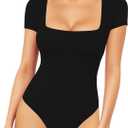 MANGOPOP Women's Square Neck Short Sleeve Long Sleeve Bodysuit Sexy Body Suits Shirt Slim Fitted Tops (Large)