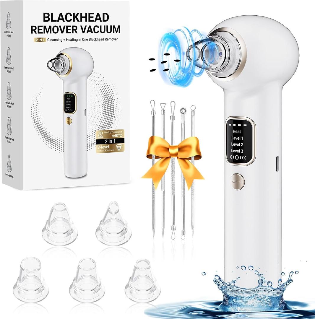 Pore Vacuum Blackhead Remover with Heating, Blackhead Extractor with 3 Adjustable Suction Levels, 5 Probes, Blackhead Remover Tools for Women and Men (White)