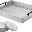 Ottoman Serving Tray | Decorative Coffee Table Tray with Handles  17x13 Inch Wooden Tray with 4 Coasters for Breakfast, Kitchen & Bar (Light Grey)