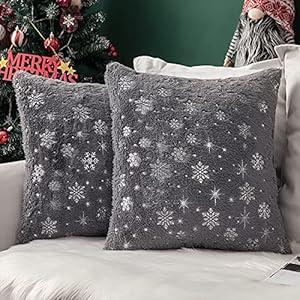 MIULEE Set of 2 Christmas Decorative Throw Pillow Covers Valentine Soft Faux Fur Winter Pillow Covers with Silver Snowflake Holiday Festival Pillowcases for Couch Sofa Bed, 1616 Inch, Grey