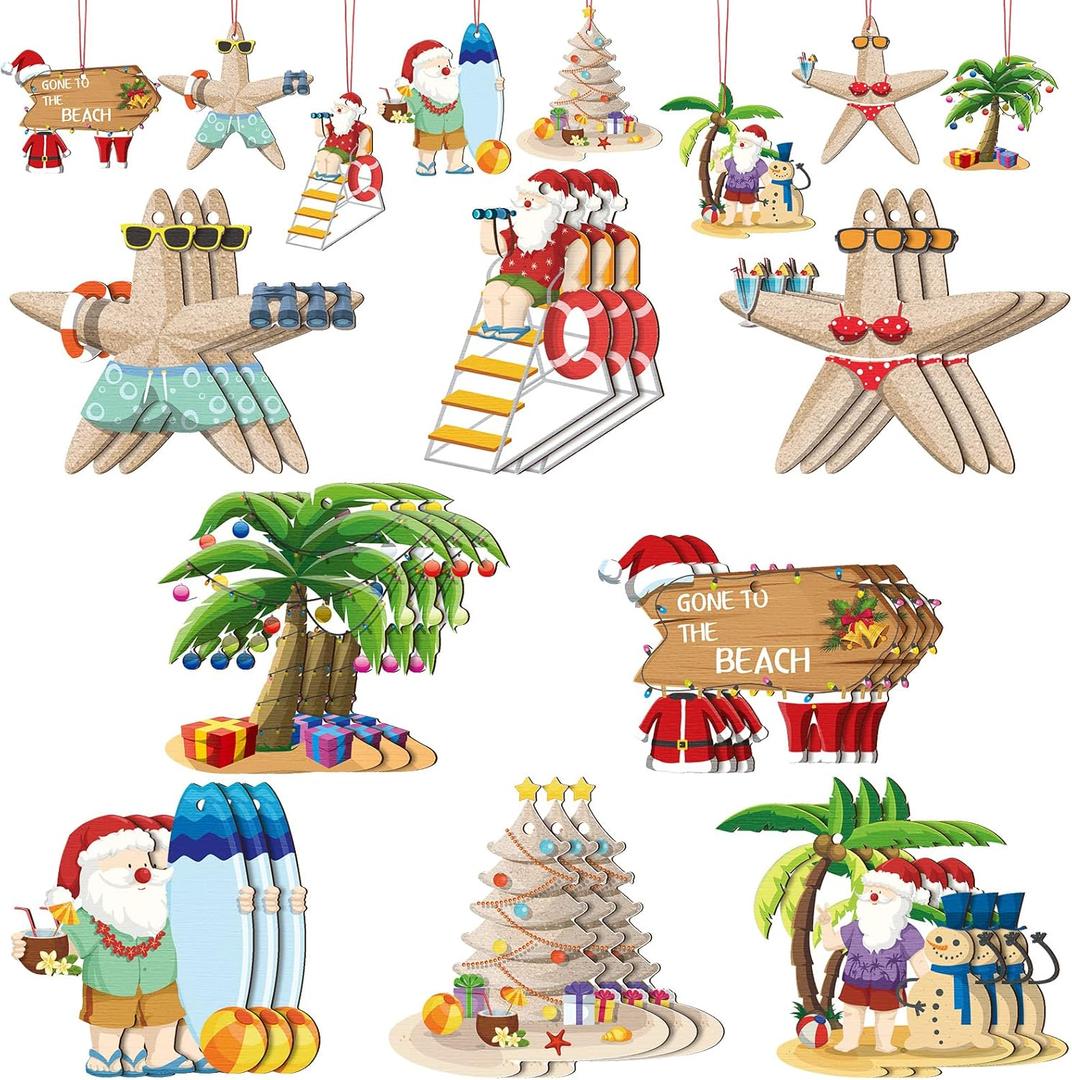 Qunclay 24 Pcs Santa Beach Christmas Ornaments - Starfish Tree Decorations, Wooden Hanging Holiday Decor for Xmas Party, Wall, Home - 8 Styles