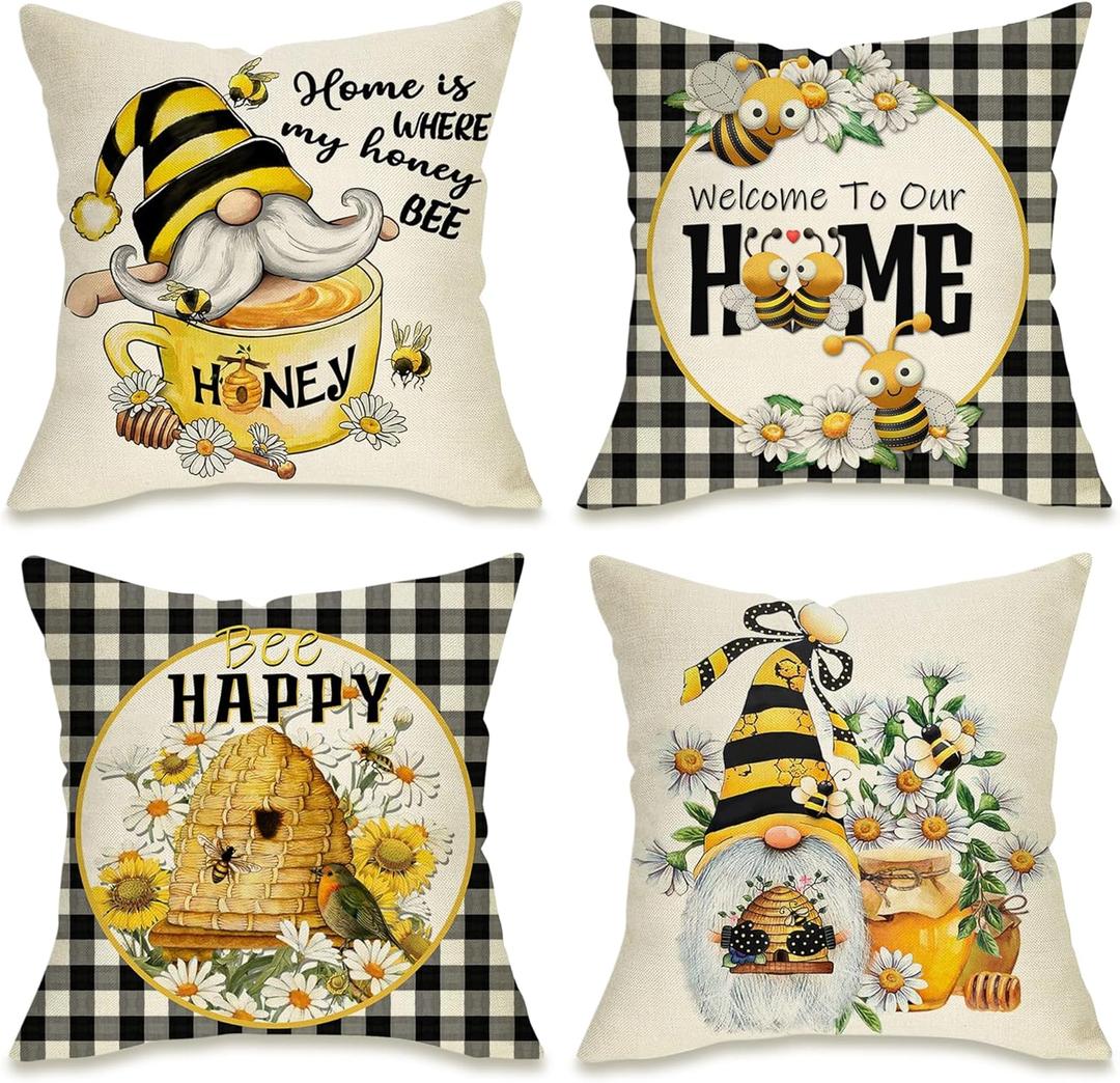 Fahrendom Spring Summer Yellow Bumble Bee Happy Gnome Decorative Throw Pillow Cover 16x16 Set of 4, Fall Black Buffalo Plaid Honey Themed Home Decoration, Farmhouse Cushion Case Outdoor Decors