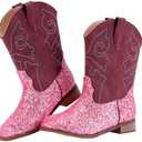 RLW Girls Cowboy Boots Kids Cowgirl Western Boot Glitter Round Toe with Walking Heel Size 7 Sequins Pink