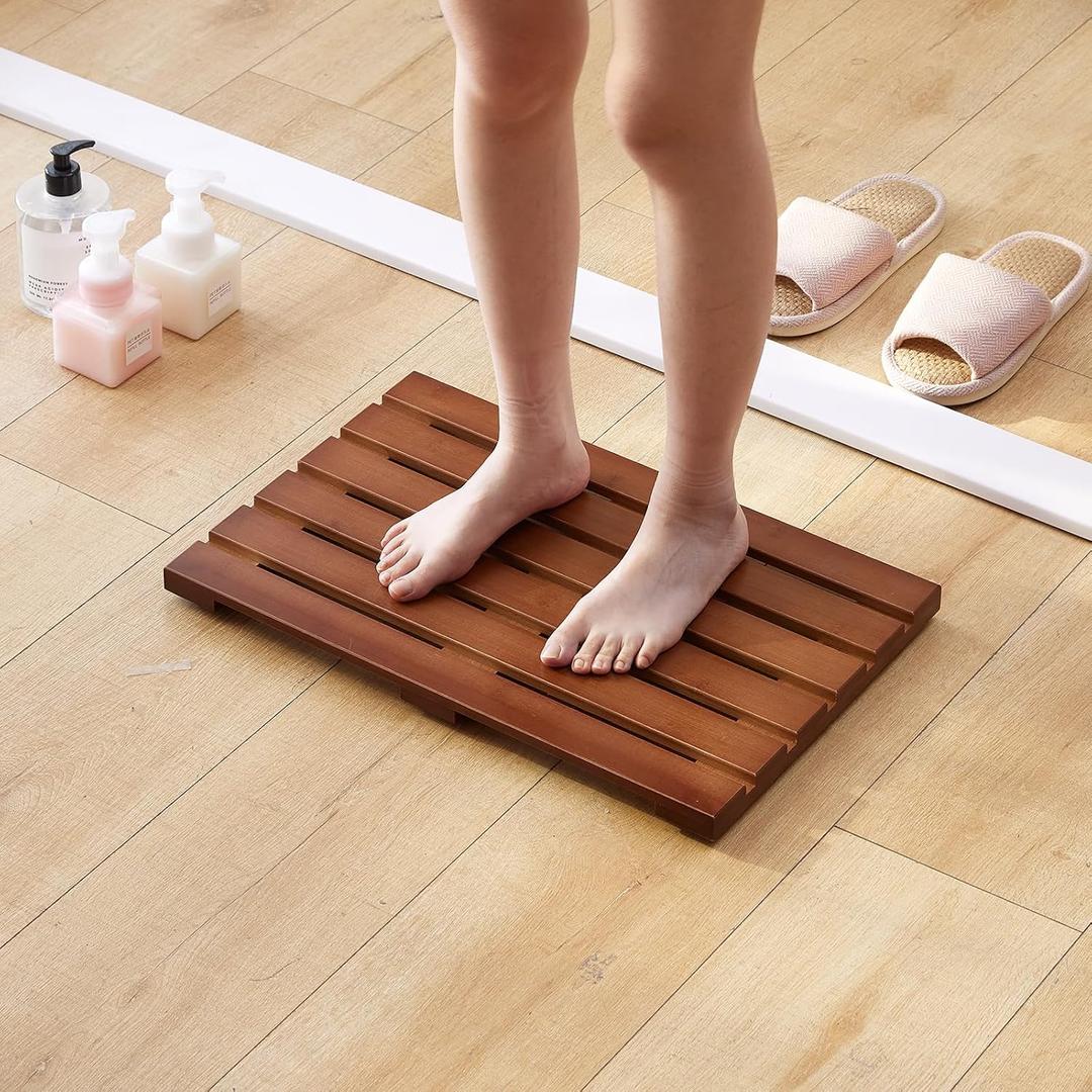 Bamboo Bath Mat for Shower with Non-Slip Rubber,Bathtub Mat,Floor Mat,Shower Mat for Indoor,Outdoor,Spa, Sauna, Pool (Brown, 20 * 13 * 1.4 inches)