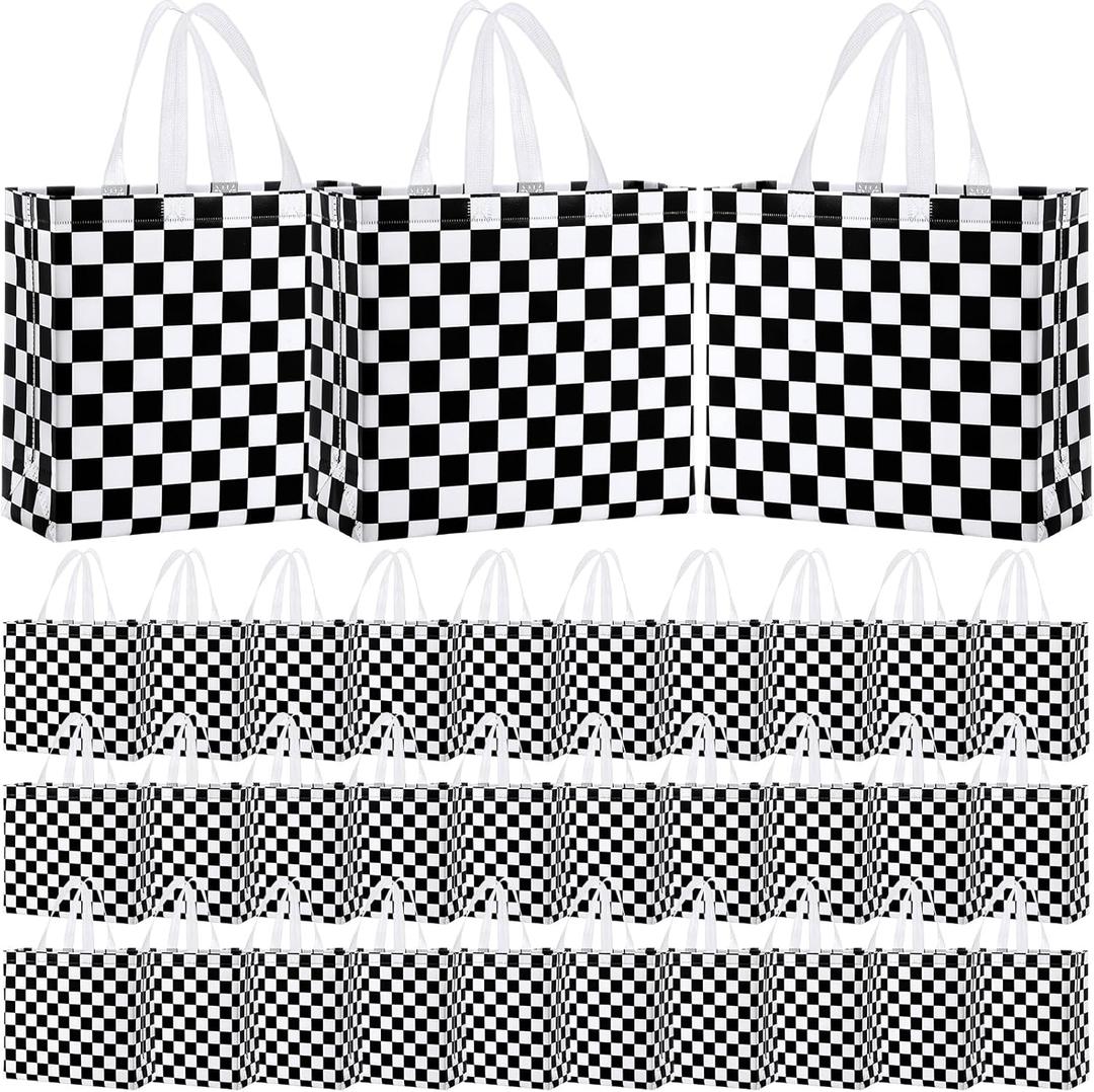 Abbylike 30 Pack Checkered Racing Race Car Gift Bag Bulk Large Goodie Bag Black White Non Woven Tote for Car Birthday Party
