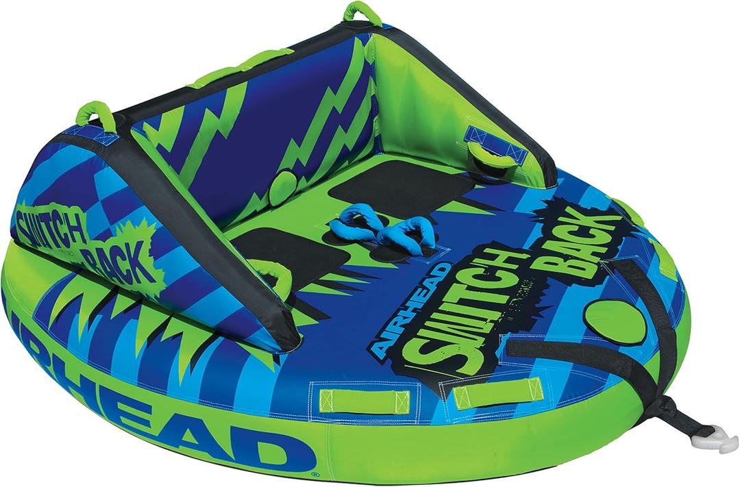 Airhead Switch Back Towable Tube for Boating, 1-4 Rider Inflatable Boat Tube for Water Tubing, Dual Seating Positions with Backrest & Side Panels, Full Nylon Cover, Kwik-Connect, Speed Safety Valve