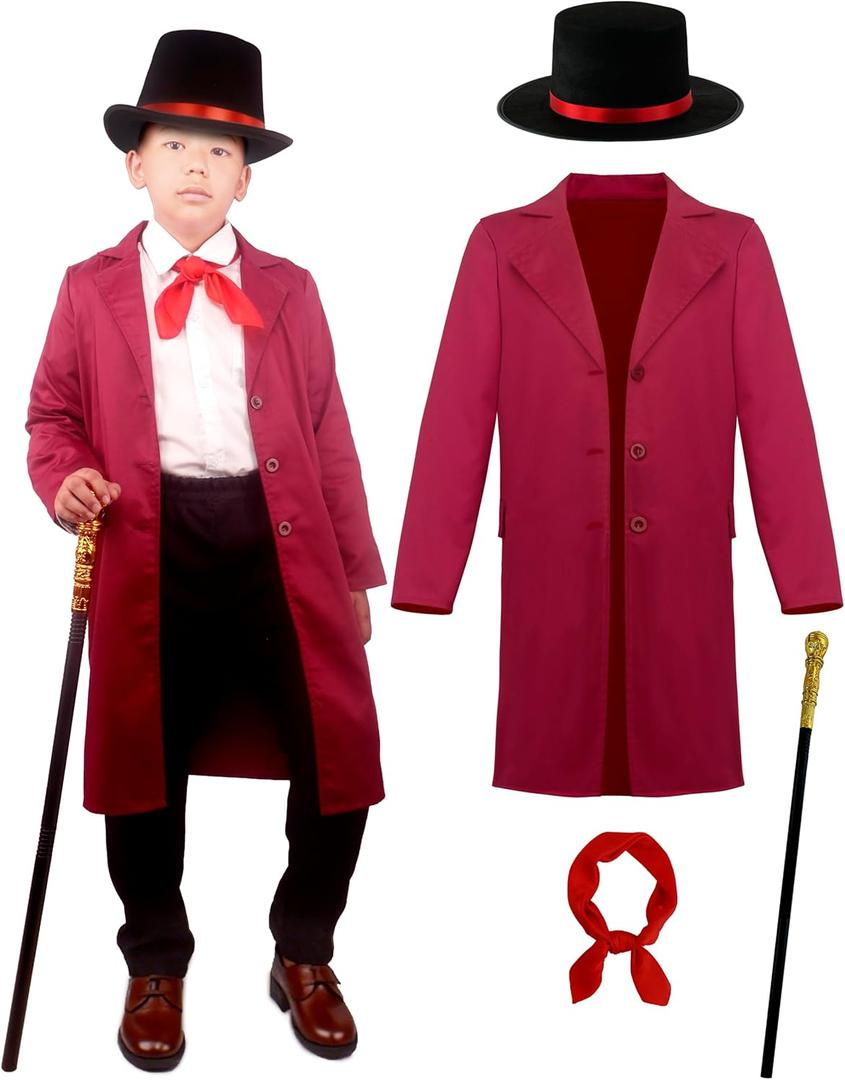 Kids Chocolate Factory Owner Costume Boys Classic Comedy Cosplay 4 Pcs Set for Halloween 3-12y (5-6years, Red)