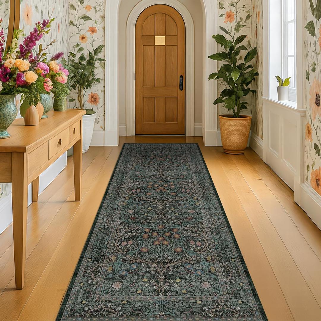 Vintage 3x8 Wide Runners for Hallways, Long 8ft Floor Runner for Kitchen, Entryway Indoor, Washable Non Skid Rubber Backing Stain Resistant - Dark Green Floral Dcor