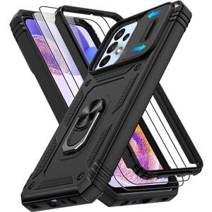 for Galaxy A23 5G Phone Case with Slide Camera Cover & Screen Protector*2, Build in 360° Rotating Ring Kickstand, Military Grade Protective Cover for Samsung Galaxy A23 5G, Black