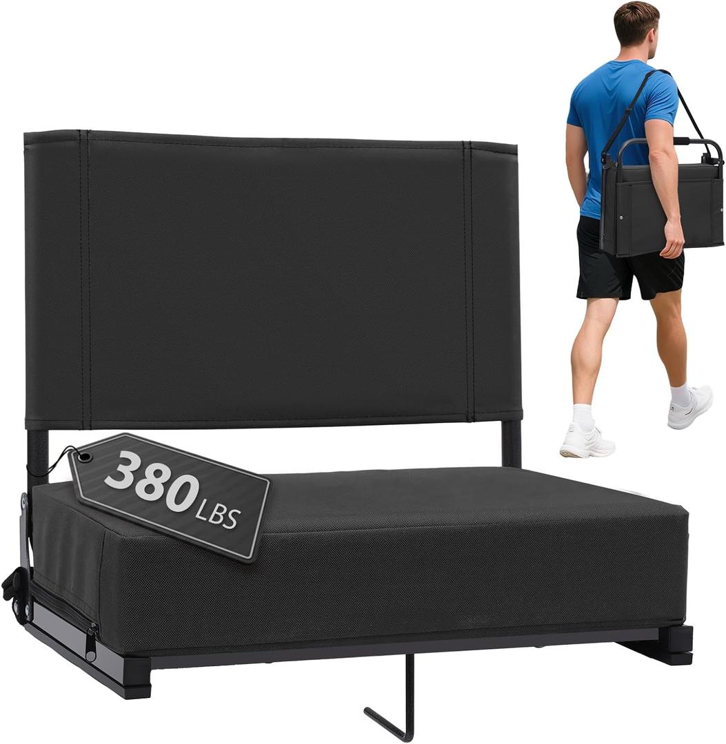 Stadium Seats with Back Support - Padded Portable Bleacher Seat with Handle Shoulder Strap - 18.4in Wide Bleacher Chair with Back and Cushion for Sports & Outdoor Events (Black)