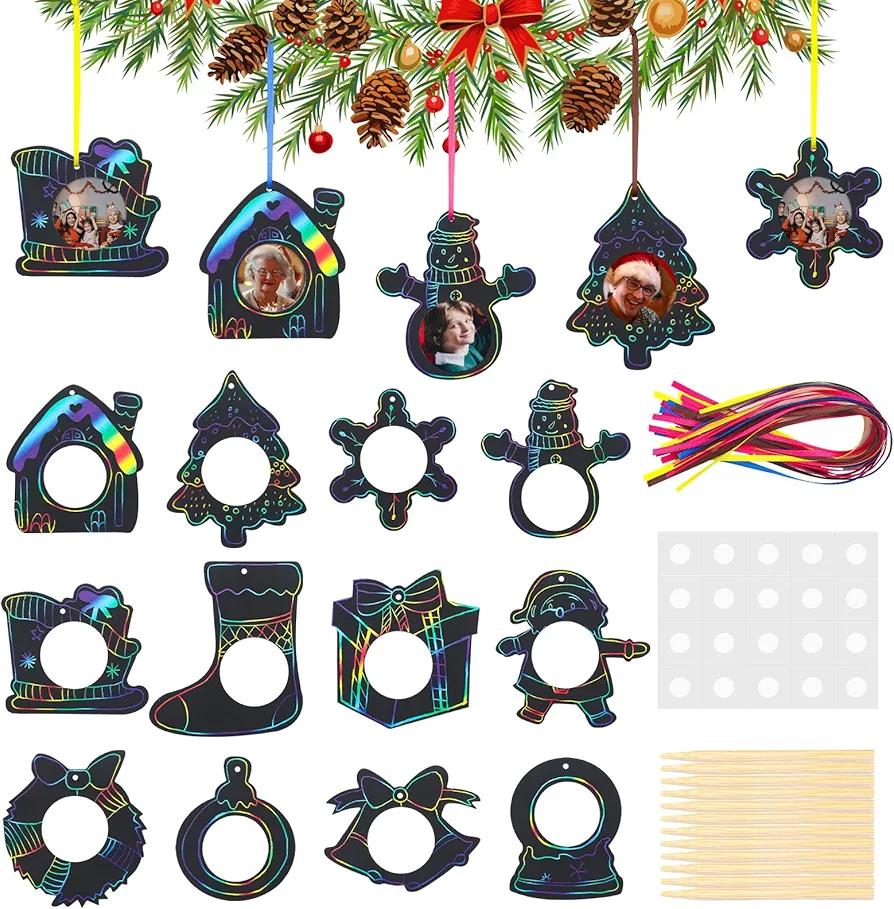 AmazingSpark 24 Pcs Christmas Photo Frame Ornaments DIY Scratch Paper Picture Hanging Frame Ornaments Rainbow Scratch off Cards for Christmas Tree Decoration Holiday Party Home Activities