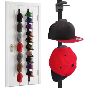 Over-The-Door Cap Organizer, Two-Way Hanging Display Hooks for Baseball Caps, Adjustable No-Glue, No-Drill Space-Saving Hat Rack, Fits Bedroom, Closet, and Entryway Doors, 2 Pack - 20 Hooks