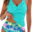 Womens Elegant Tankini Set Modest Tummy Control Ruffle Tank Top High Waisted Bottom (Teal, L)