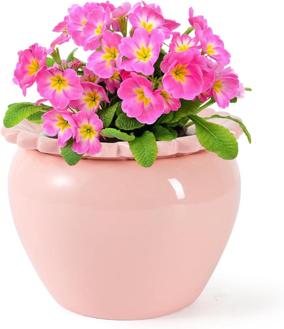8in Pink Ceramic Self Watering Planter - Terracotta Maintenance Plant Seeder for Indoor African Violet Plants (7.5in)