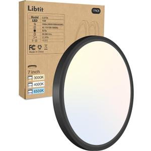 libtit Black Flush Mount Ceiling Light, 15W 1500Lm Thin Flat LED Lighting Fixture for Ceiling, 3000K-4000K-6500K & 7 Inch Modern Recessed Ceiling Lamp for Closet Kitchen Laundry Hallway