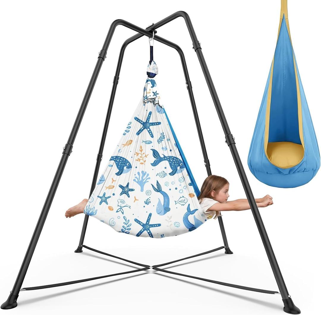 2 in1 Sensory Swing Set for Kids, X-Shaped Frame 330 lbs | 2 Swing Options, 25mm Diameter Steel Frame, Rubber Foot Pads, Indoor Outdoor Autism Swing for Kids Adults(Fish Print)