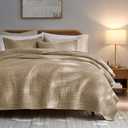 palassio Striped Dark Beige 100% Cotton Quilt Queen Size Bedding Sets, Lightweight Crinkly Channel Pick Stitch Textured Bedspread Soft Shabby Chic Farmhouse Country Coverlet for All Season, 2 Shams