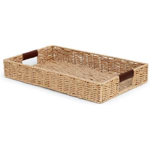 Handwoven Multipurpose Rectangle Rattan Tray, 20 x 12  Durable Wicker Tray with Leather Handles for Home Decor Display