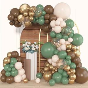 Amandir 153pcs Sage Green Brown Balloon Garland Arch Kit, Different Sizes 18 12 10 5 inch Olive Green Gold Latex Metallic Confetti Balloons for Safari Jungle Woodland Birthday Baby Shower Decorations