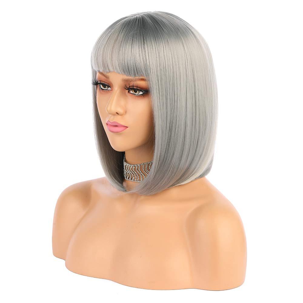 eNilecor Short Bob Hair Wigs 12" Straight with Flat Bangs Synthetic Colorful Cosplay Daily Party Wig for Women Natural As Real Hair+ Free Wig Cap (Silver Grey)