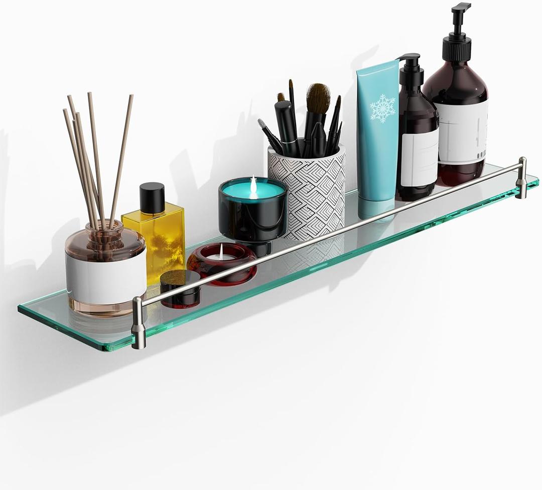 24 Inch Glass Bathroom Shelves,Brushed Nickel Floating Shelves for Wall Rectangular Modern Stainless Steel Glass Shelf for Bathroom Shelves Wall Mounted, 24"with railing