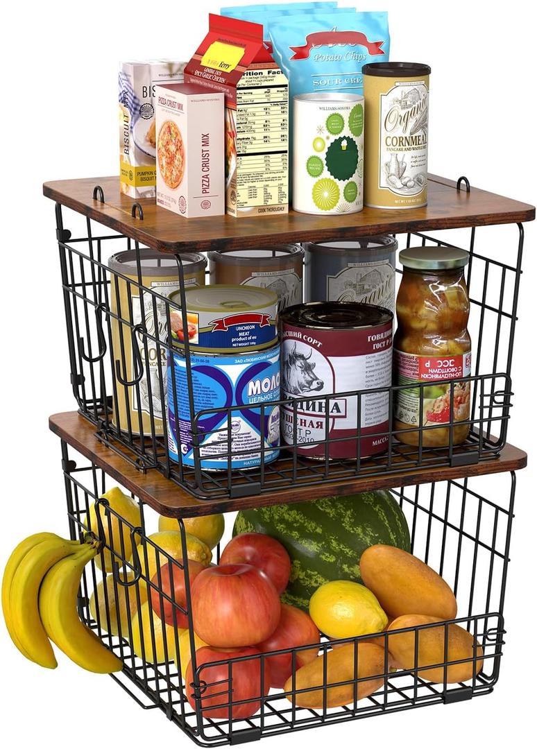 Delamu 2 Pack Stackable Fruit Basket, Pantry Organizer and Storage with Wood Top, Kitchen Counter, Cabinet Shelf Under Sink Organizing for Food Snack, Onion, Potato, Bread Storage, Produce