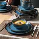 Stoneware Dinnerware Sets for 6, Reactive Glaze Plates and Bowls, Blue | 18-Piece Handcrafted Rustic Porcelain Dishes Set, Highly Scratch Resistant, Dishwasher & Microwave Safe